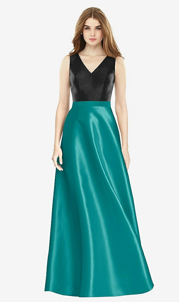 【STYLE: D754】ノースリーブ Aライン サテンドレス ポケット付き - ジェード &amp; ブラック 背面