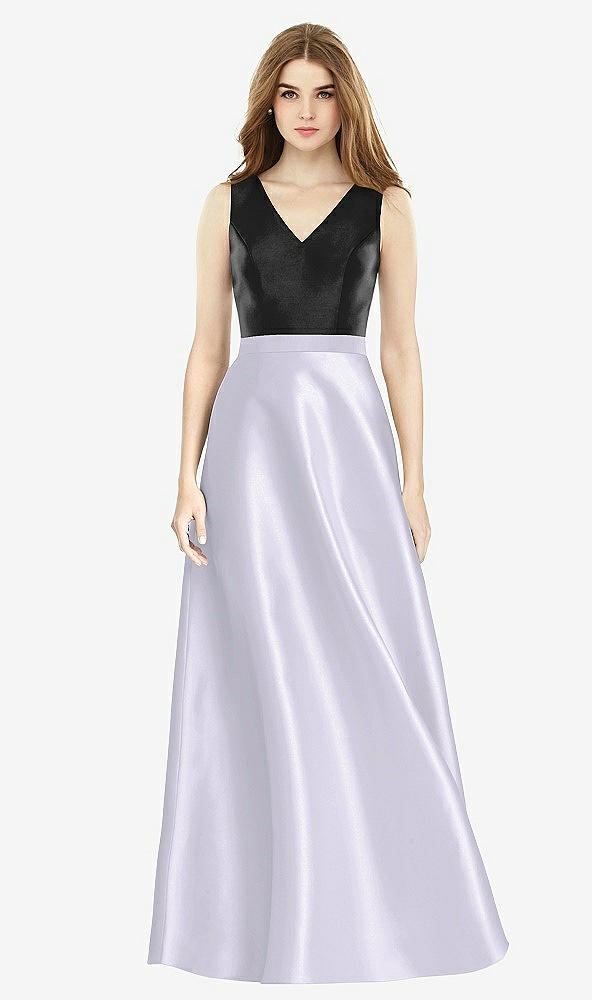 【STYLE: D754】ノースリーブ Aライン サテンドレス ポケット付き - シルバードーブ &amp; ブラック 背面