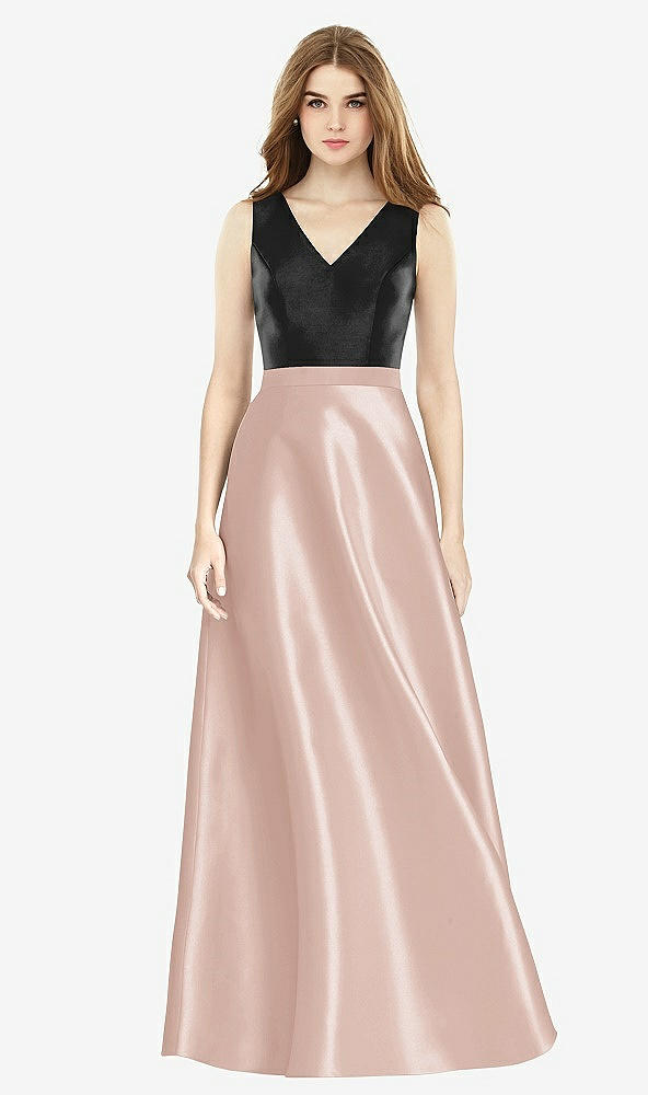 【STYLE: D754】ノースリーブ Aライン サテンドレス ポケット付き - トーステッドシュガー &amp; ブラック 背面