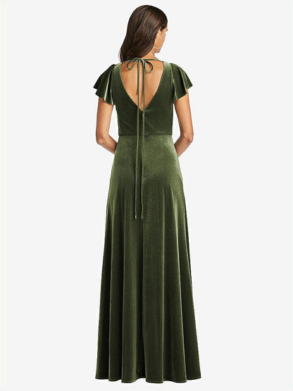 【NEW】【STYLE: 1540】フラッター スリーブ ベルベット マキシ ドレス ポケット付き【COLOR: Tawny Rose】【SIZE: 00-30W】 - Olive Green 背面