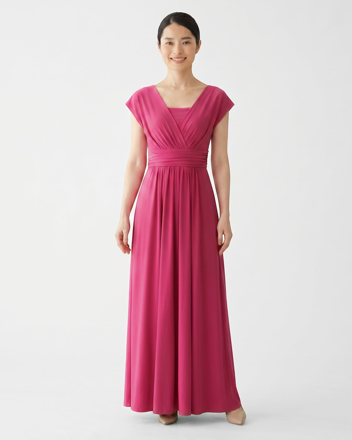 BridesmaidsJP Azalea infinity dress, a floor-length magenta gown with a flattering V-neck and ruched waistband. Versatile for various occasions.