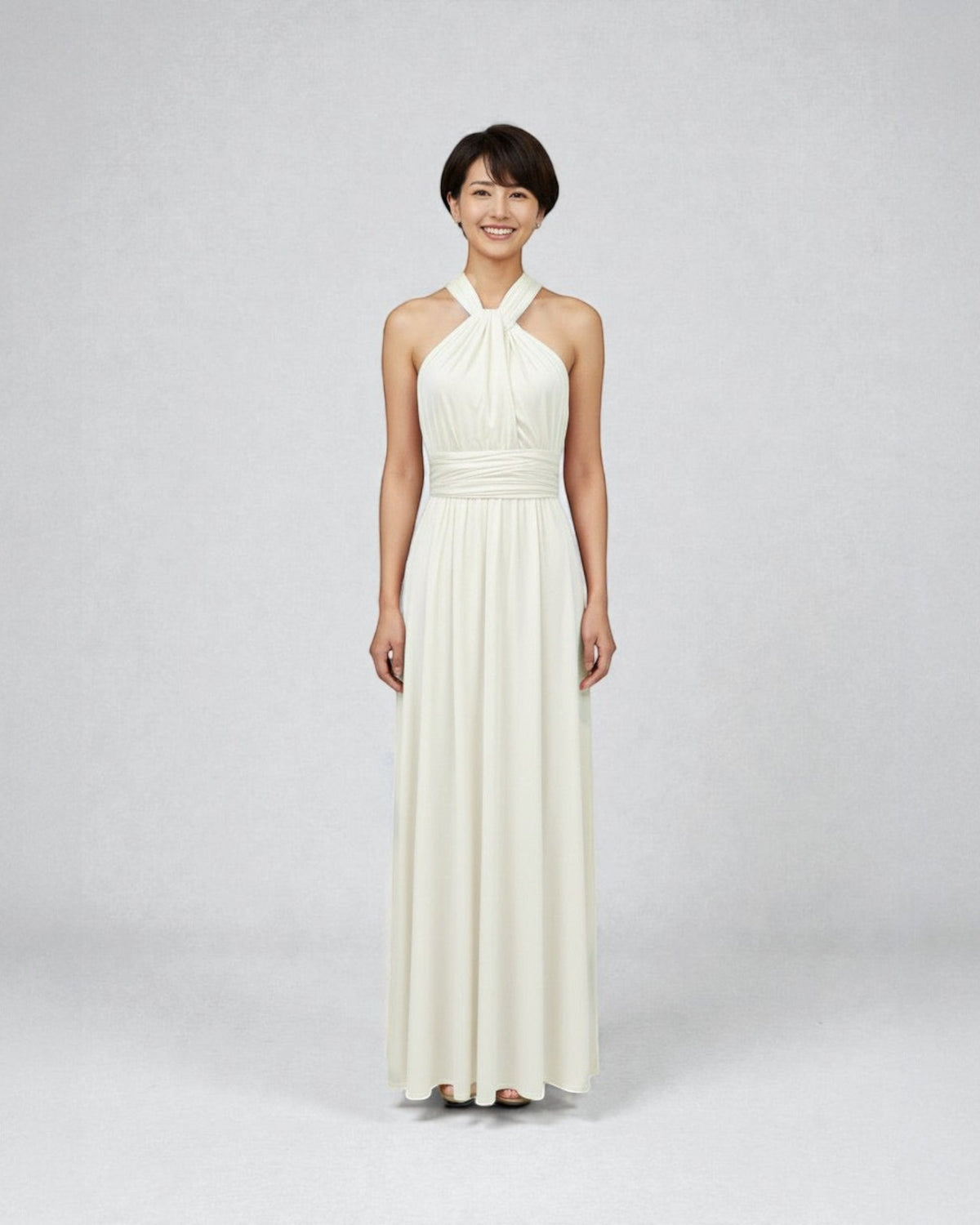 BridesmaidsJP ivory white infinity dress with halter neckline and ruched waist, floor-length.