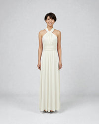 BridesmaidsJP ivory white infinity dress with halter neckline and ruched waist, floor-length.