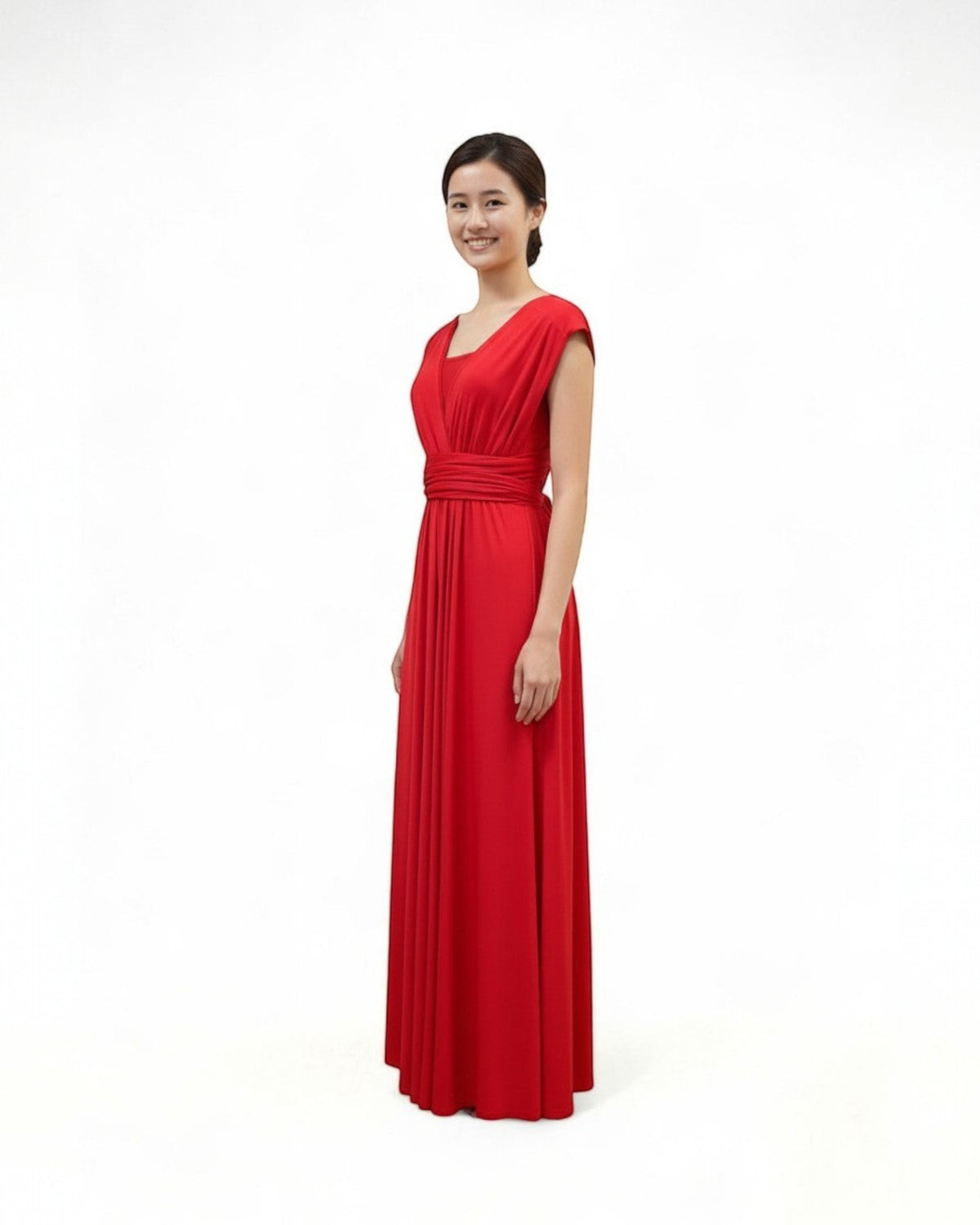 BridesmaidsJP red infinity dress with a V-neckline and cap sleeves, made of jersey material, shown on a model against a white background.