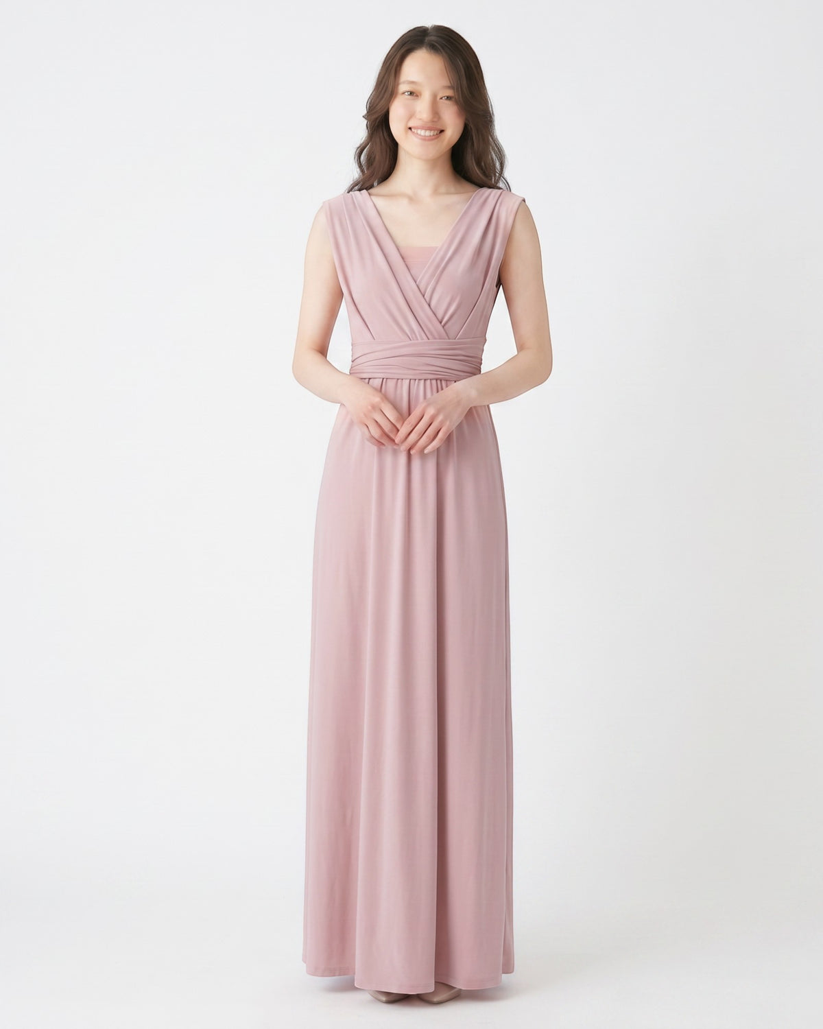 BridesmaidsJP smokey pink infinity dress with a V-neck and wrap waist, floor-length jersey fabric.