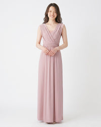 BridesmaidsJP smokey pink infinity dress with a V-neck and wrap waist, floor-length jersey fabric.