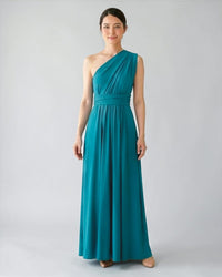 BridesmaidsJP turquoise long infinity dress with one-shoulder draped neckline and matching sash, made of soft jersey fabric.
