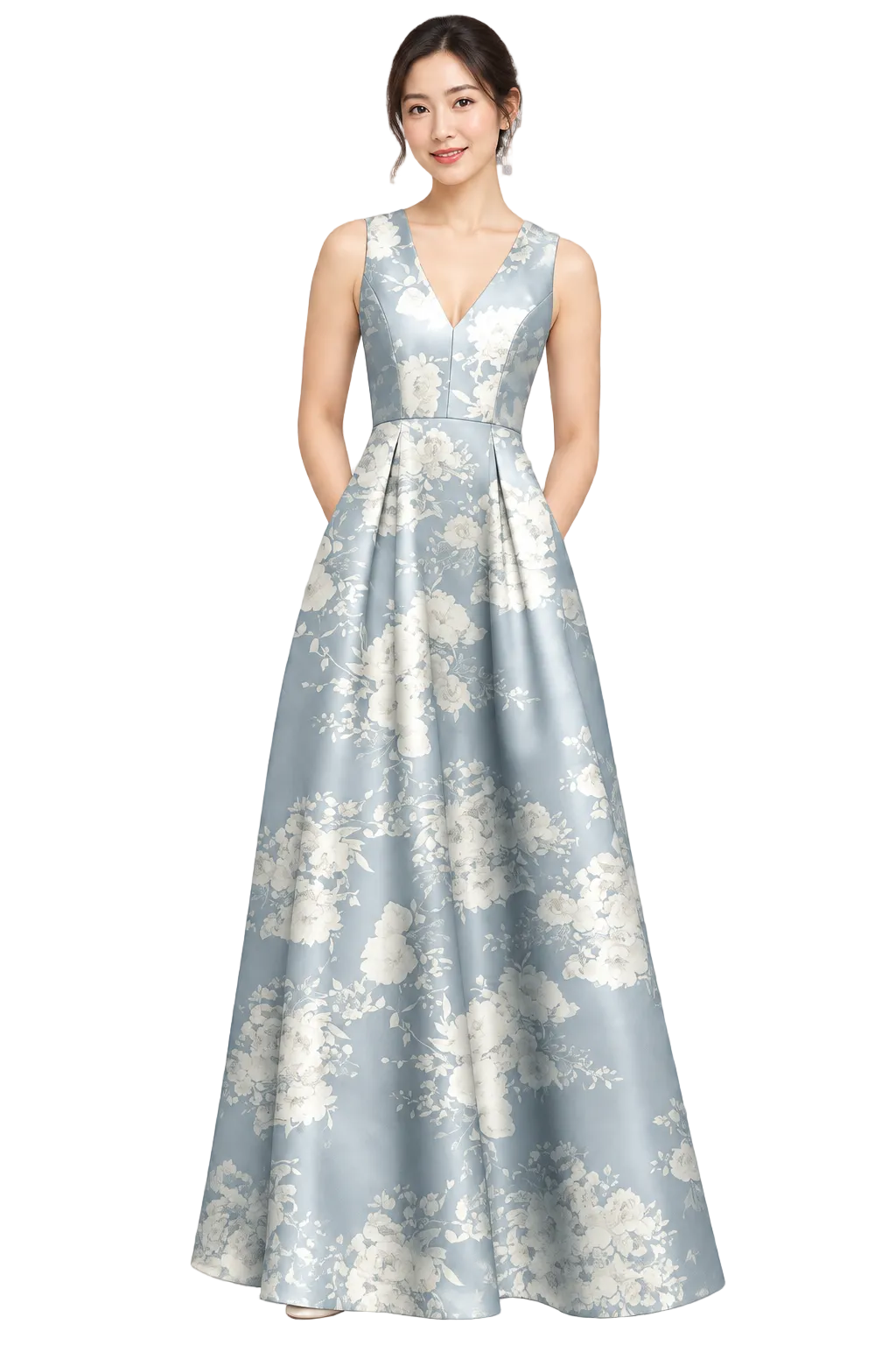 花柄サテンのパーティードレスを着た日本人モデル（AIによる着用イメージ）
