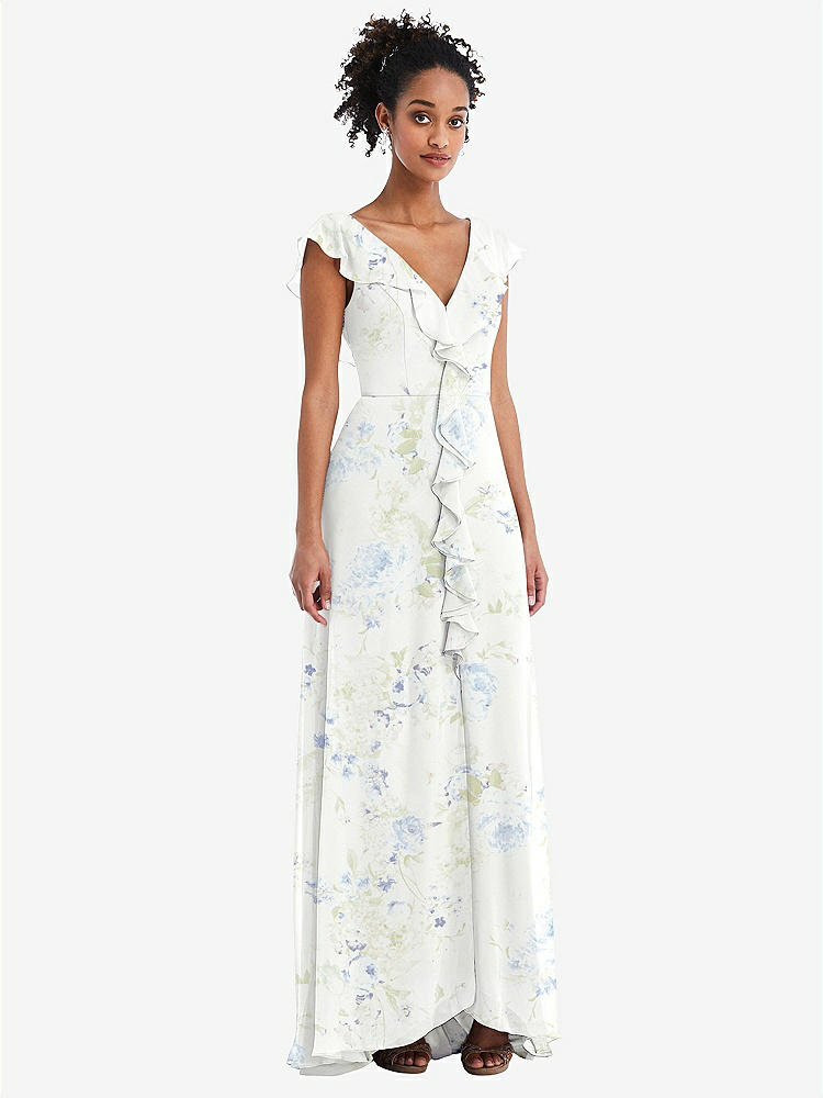 【STYLE: TH064】Ruffle-Trimmed V-Back Chiffon Maxi Dress【COLOR: Bleu Garden】