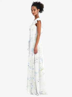 【STYLE: TH064】Ruffle-Trimmed V-Back Chiffon Maxi Dress【COLOR: Bleu Garden】