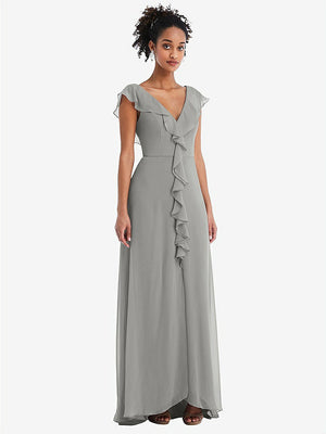【NEW】【STYLE: TH064】Ruffle-Trimmed V-Back Chiffon Maxi ドレス【COLOR: Chelsea Gray】【SIZE: 00-30W】