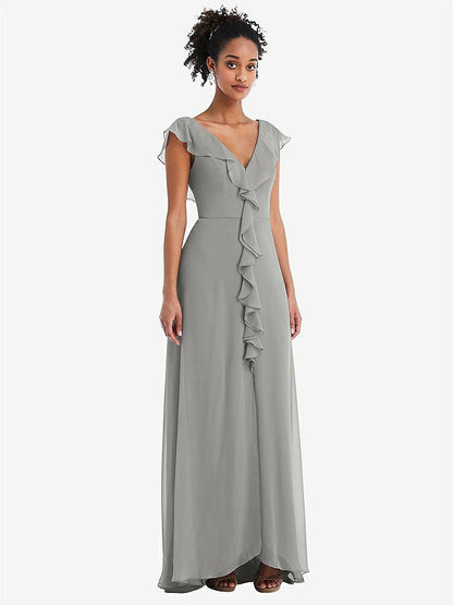 【STYLE: TH064】Ruffle-Trimmed V-Back Chiffon Maxi Dress【COLOR: Chelsea Gray】