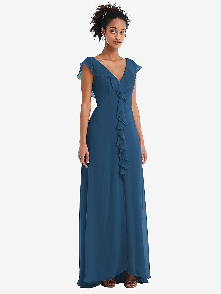 【NEW】【STYLE: TH064】Ruffle-Trimmed V-Back Chiffon Maxi ドレス【COLOR: Dusk Blue】【SIZE: 00-30W】