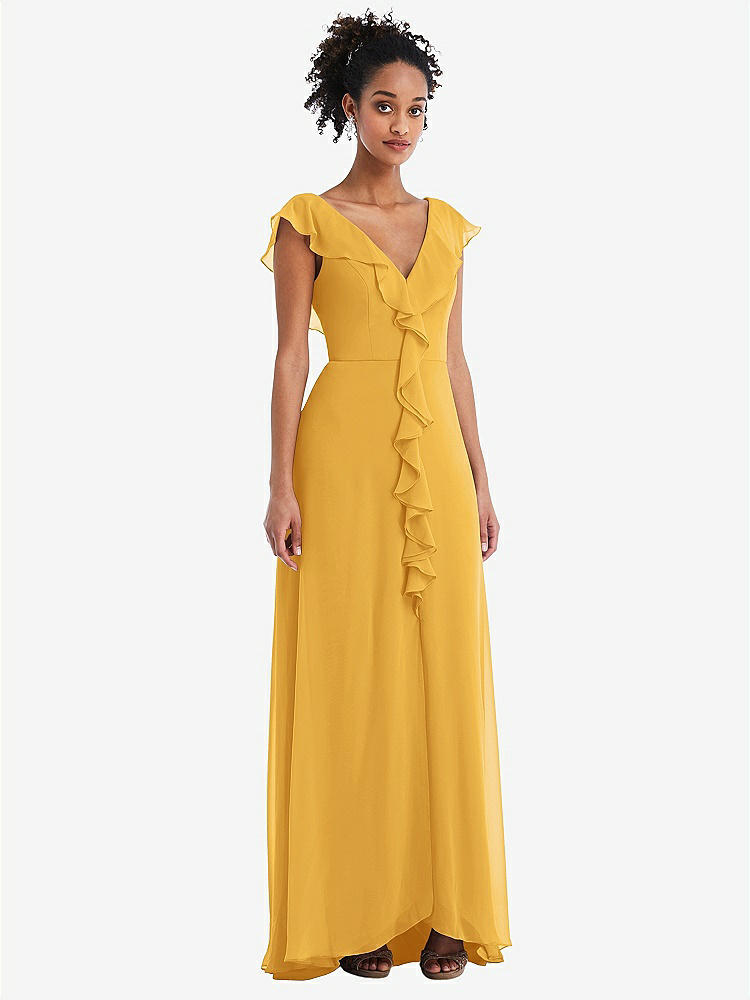 【STYLE: TH064】Ruffle-Trimmed V-Back Chiffon Maxi Dress【COLOR: NYC Yellow】