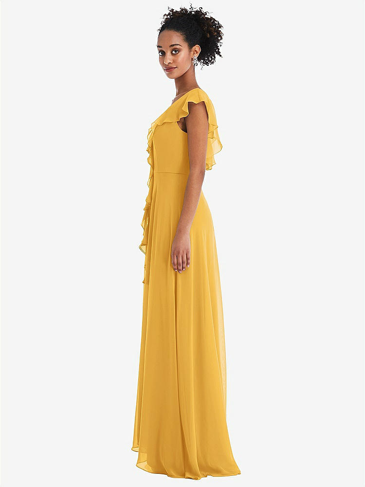 【STYLE: TH064】Ruffle-Trimmed V-Back Chiffon Maxi Dress【COLOR: NYC Yellow】