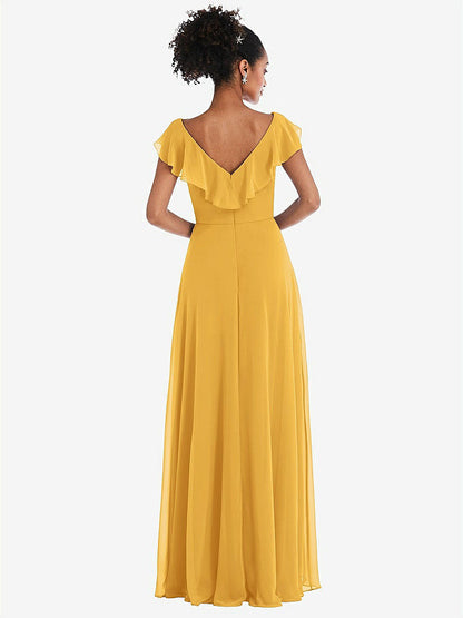 【NEW】【STYLE: TH064】Ruffle-Trimmed V-Back Chiffon Maxi ドレス【COLOR: NYC Yellow】【SIZE: 00-30W】