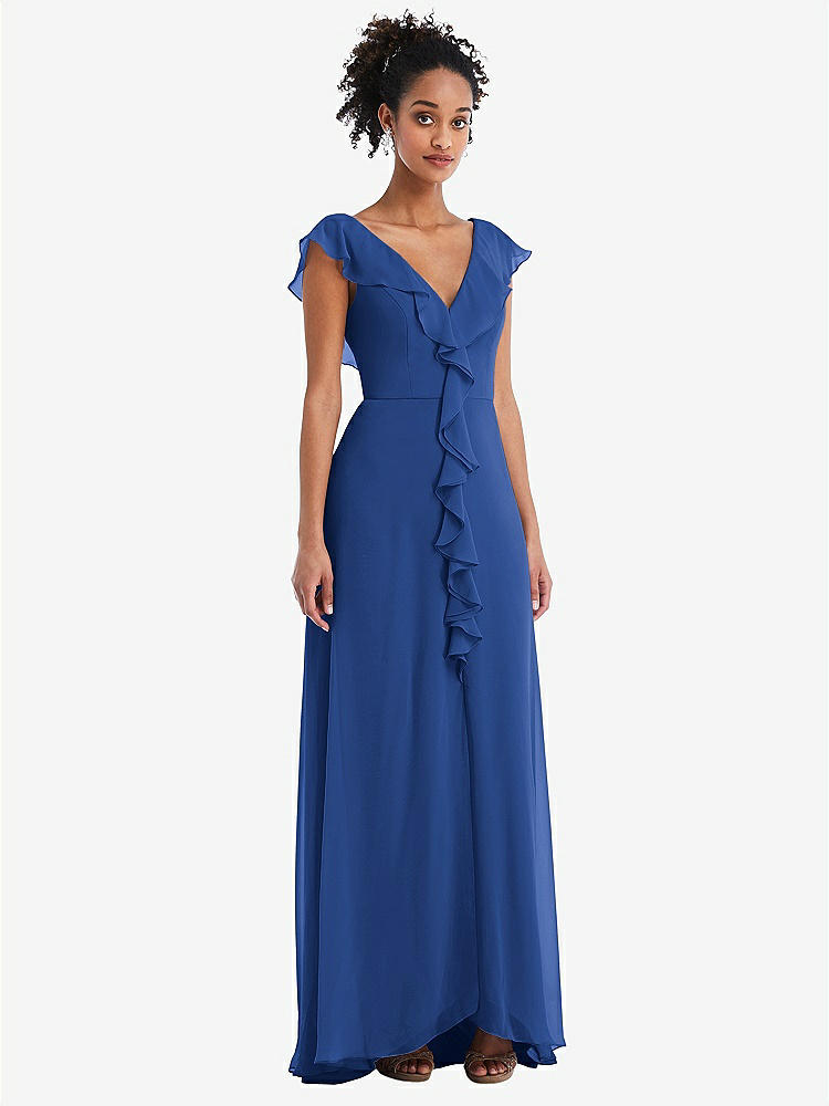 【NEW】【STYLE: TH064】Ruffle-Trimmed V-Back Chiffon Maxi ドレス【COLOR: Classic Blue】【SIZE: 00-30W】