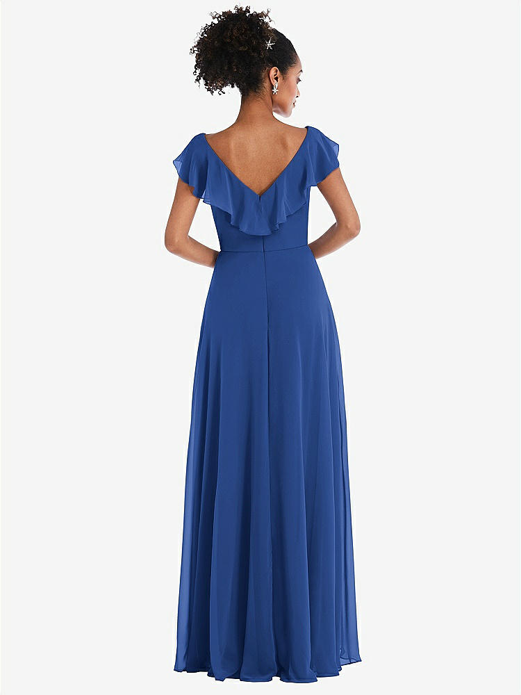 【STYLE: TH064】Ruffle-Trimmed V-Back Chiffon Maxi Dress【COLOR: Classic Blue】