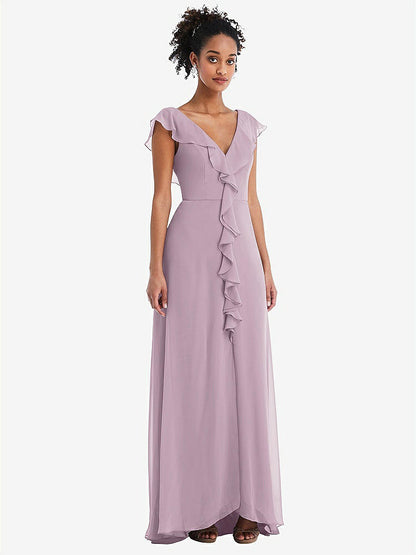 【STYLE: TH064】Ruffle-Trimmed V-Back Chiffon Maxi Dress【COLOR: Suede Rose】
