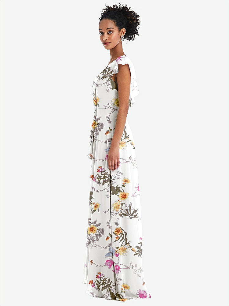 【STYLE: TH064】Ruffle-Trimmed V-Back Chiffon Maxi Dress【COLOR: Butterfly Botanica Ivory】