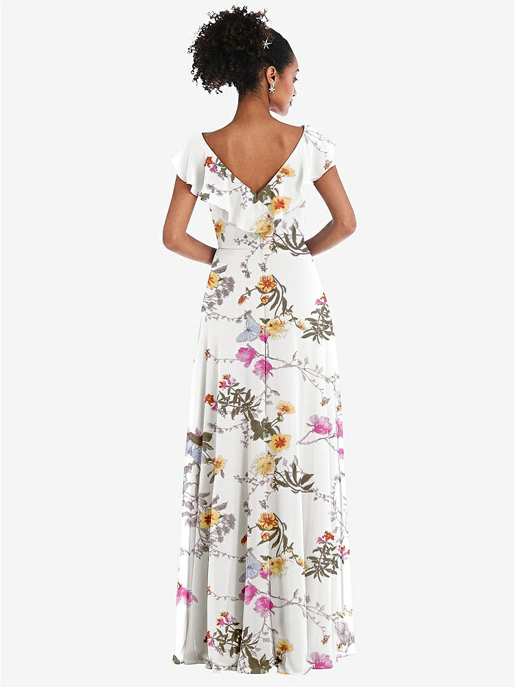 【STYLE: TH064】Ruffle-Trimmed V-Back Chiffon Maxi Dress【COLOR: Butterfly Botanica Ivory】
