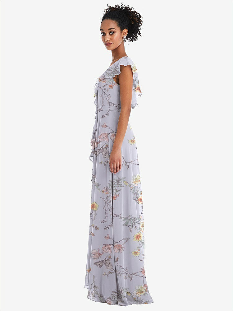 【NEW】【STYLE: TH064】Ruffle-Trimmed V-Back Chiffon Maxi ドレス【COLOR: Butterfly Botanica Silver Dove】【SIZE: 00-30W】