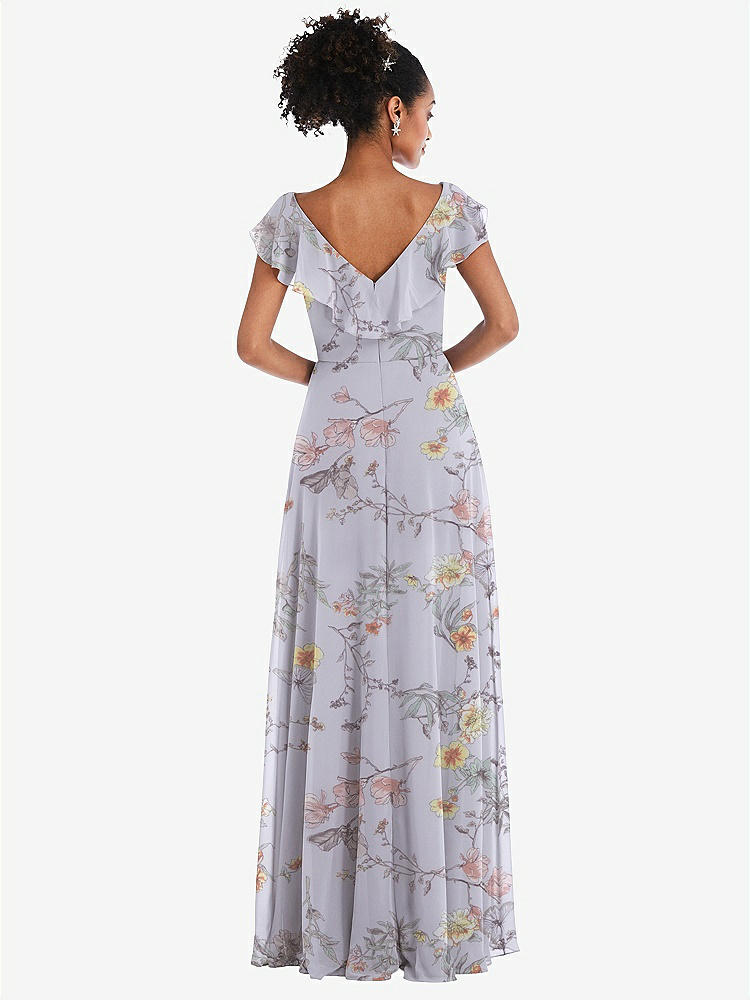 【STYLE: TH064】Ruffle-Trimmed V-Back Chiffon Maxi Dress【COLOR: Butterfly Botanica Silver Dove】