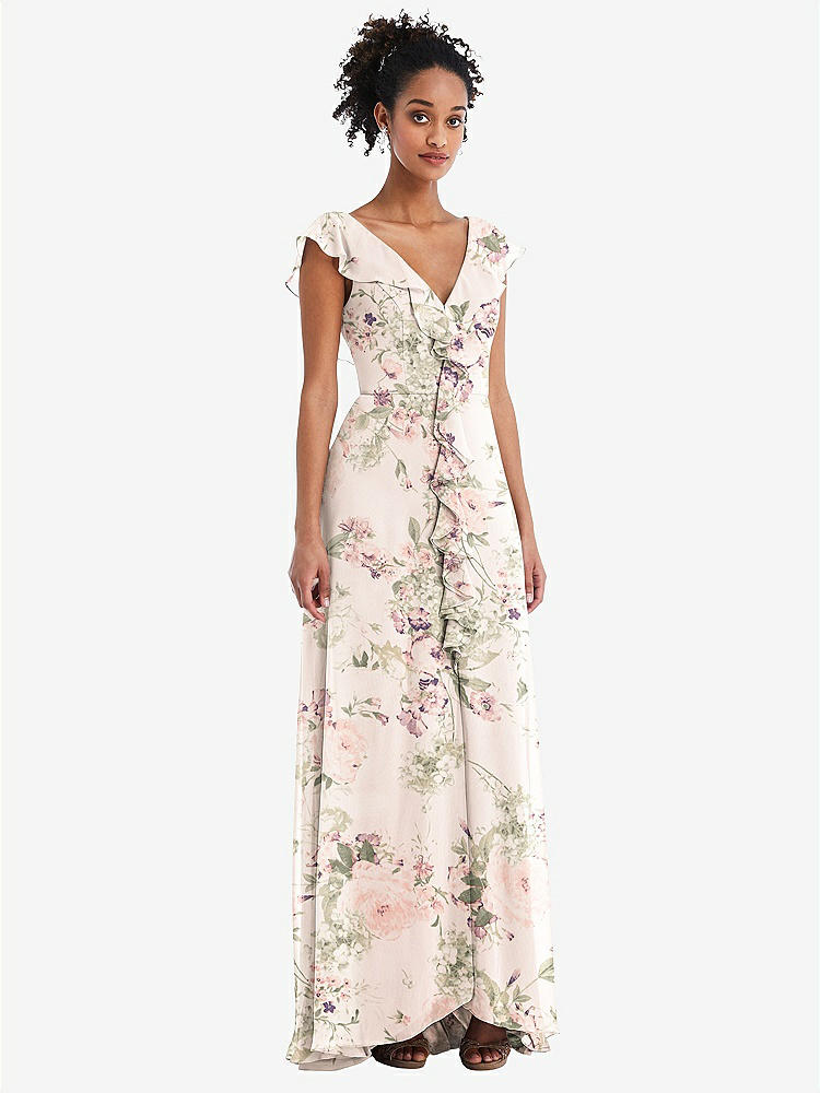 【STYLE: TH064】Ruffle-Trimmed V-Back Chiffon Maxi Dress【COLOR: Blush Garden】