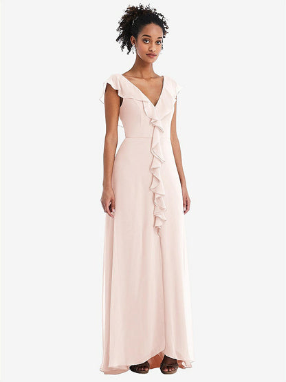【STYLE: TH064】Ruffle-Trimmed V-Back Chiffon Maxi Dress【COLOR: Blush】