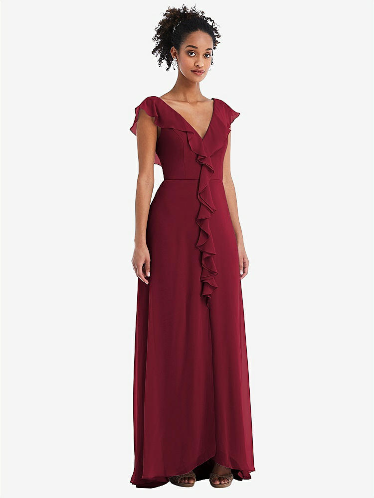 【NEW】【STYLE: TH064】Ruffle-Trimmed V-Back Chiffon Maxi ドレス【COLOR: Burgundy】【SIZE: 00-30W】