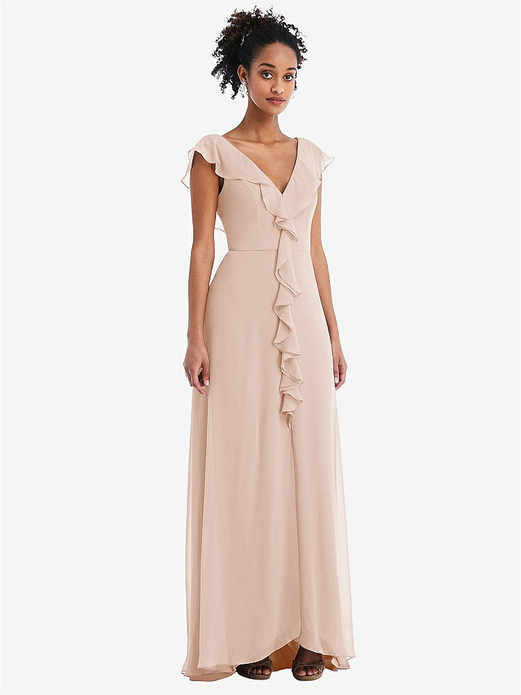 【NEW】【STYLE: TH064】Ruffle-Trimmed V-Back Chiffon Maxi ドレス【COLOR: Cameo】【SIZE: 00-30W】