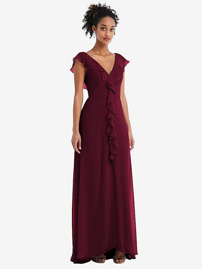 【NEW】【STYLE: TH064】Ruffle-Trimmed V-Back Chiffon Maxi ドレス【COLOR: Cabernet】【SIZE: 00-30W】