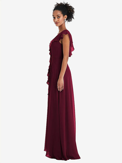 【NEW】【STYLE: TH064】Ruffle-Trimmed V-Back Chiffon Maxi ドレス【COLOR: Cabernet】【SIZE: 00-30W】