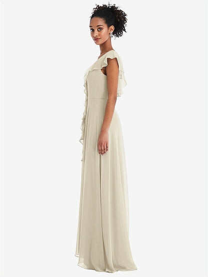 【STYLE: TH064】Ruffle-Trimmed V-Back Chiffon Maxi Dress【COLOR: Champagne】