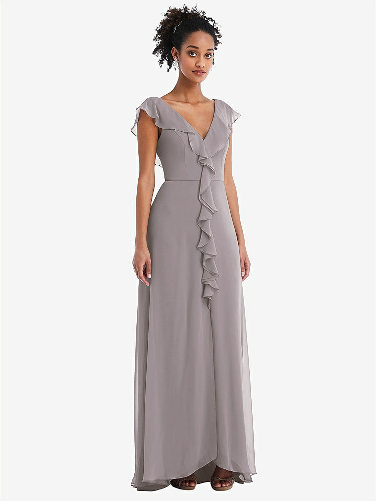 【STYLE: TH064】Ruffle-Trimmed V-Back Chiffon Maxi Dress【COLOR: Cashmere Gray】