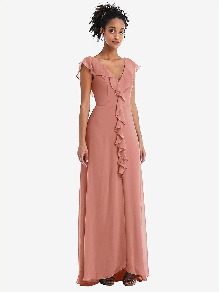 【STYLE: TH064】Ruffle-Trimmed V-Back Chiffon Maxi Dress【COLOR: Desert Rose】