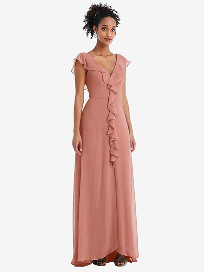 【STYLE: TH064】Ruffle-Trimmed V-Back Chiffon Maxi Dress【COLOR: Desert Rose】