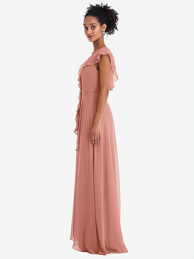 【STYLE: TH064】Ruffle-Trimmed V-Back Chiffon Maxi Dress【COLOR: Desert Rose】