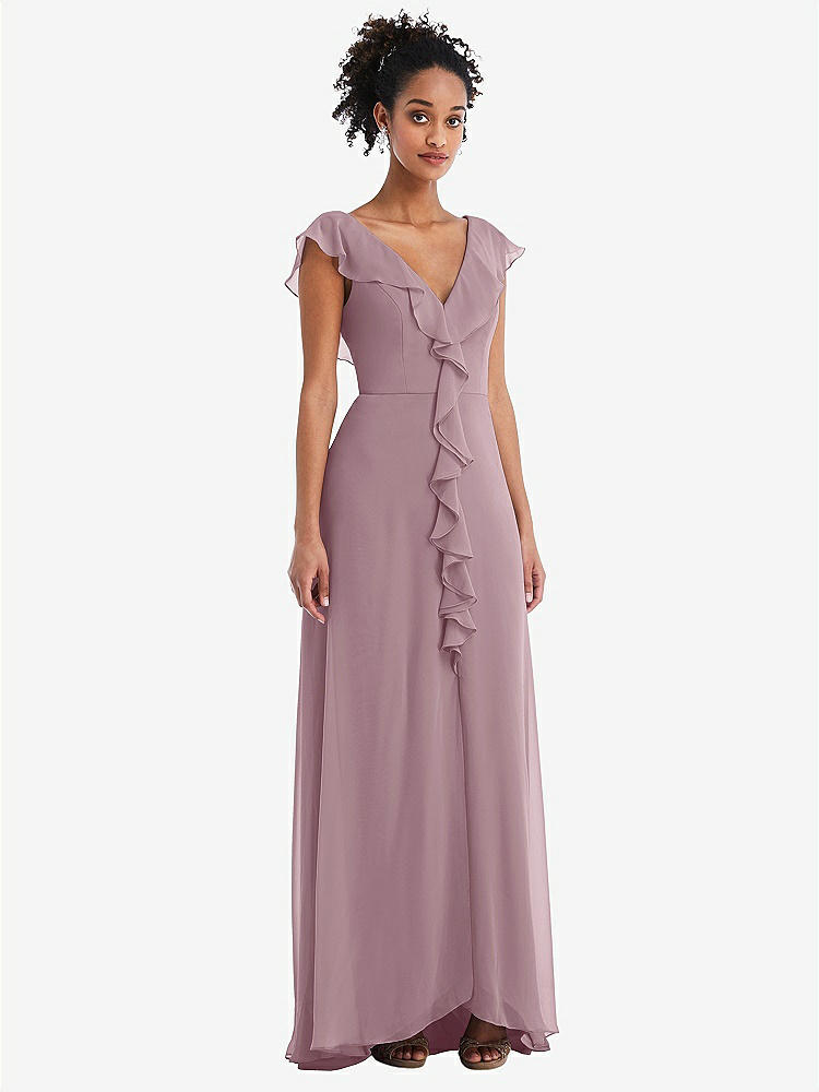 【STYLE: TH064】Ruffle-Trimmed V-Back Chiffon Maxi Dress【COLOR: Dusty Rose】