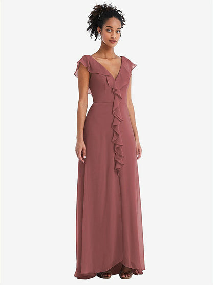 【STYLE: TH064】Ruffle-Trimmed V-Back Chiffon Maxi Dress【COLOR: English Rose】