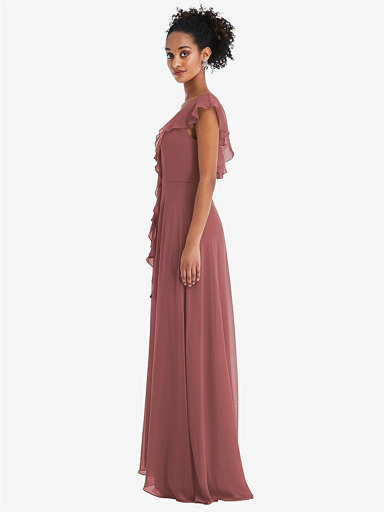 【STYLE: TH064】Ruffle-Trimmed V-Back Chiffon Maxi Dress【COLOR: English Rose】