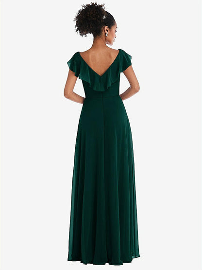 【STYLE: TH064】Ruffle-Trimmed V-Back Chiffon Maxi Dress【COLOR: Evergreen】
