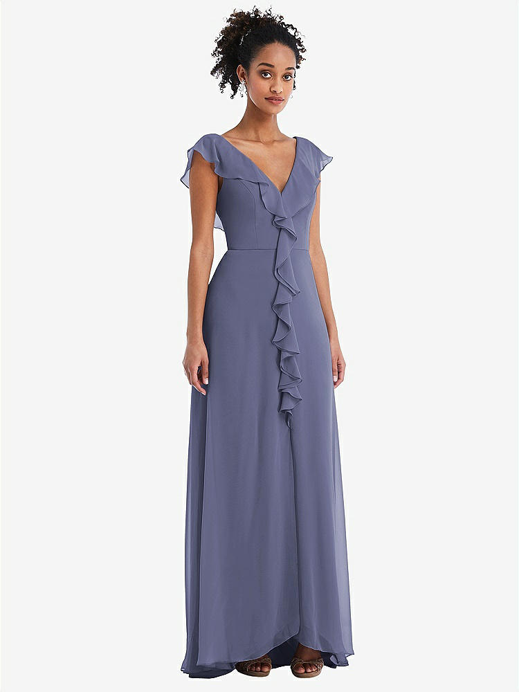 【STYLE: TH064】Ruffle-Trimmed V-Back Chiffon Maxi Dress【COLOR: French Blue】