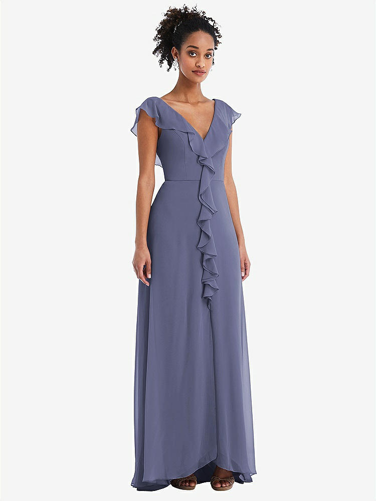 【NEW】【STYLE: TH064】Ruffle-Trimmed V-Back Chiffon Maxi ドレス【COLOR: French Blue】【SIZE: 00-30W】