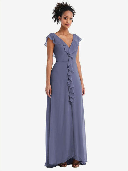 【NEW】【STYLE: TH064】Ruffle-Trimmed V-Back Chiffon Maxi ドレス【COLOR: French Blue】【SIZE: 00-30W】