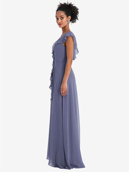 【NEW】【STYLE: TH064】Ruffle-Trimmed V-Back Chiffon Maxi ドレス【COLOR: French Blue】【SIZE: 00-30W】