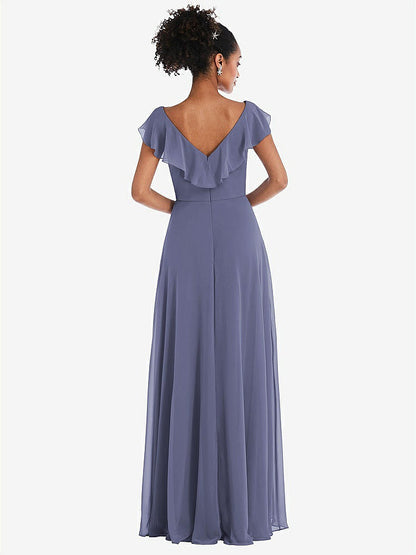 【NEW】【STYLE: TH064】Ruffle-Trimmed V-Back Chiffon Maxi ドレス【COLOR: French Blue】【SIZE: 00-30W】