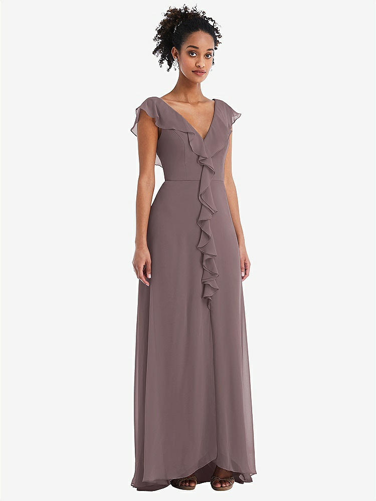 【STYLE: TH064】Ruffle-Trimmed V-Back Chiffon Maxi Dress【COLOR: French Truffle】