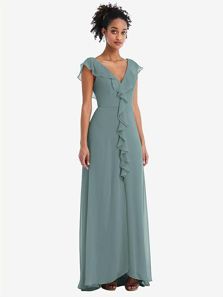 【NEW】【STYLE: TH064】Ruffle-Trimmed V-Back Chiffon Maxi ドレス【COLOR: Icelandic】【SIZE: 00-30W】