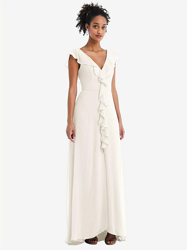 【STYLE: TH064】Ruffle-Trimmed V-Back Chiffon Maxi Dress【COLOR: Ivory】
